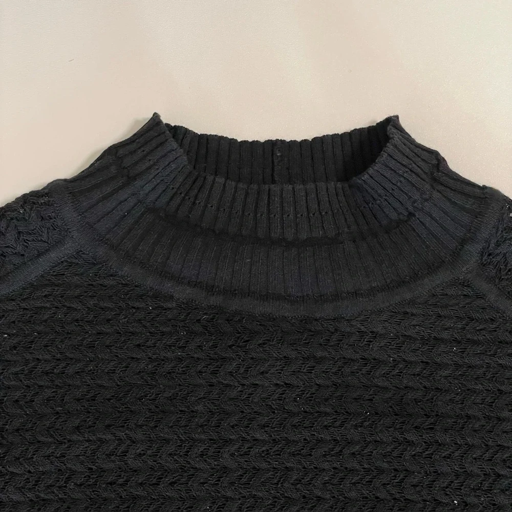 Alexander Wang Open Knit Mock Neck Sweater Top Cropped Slim Fit Black Medium